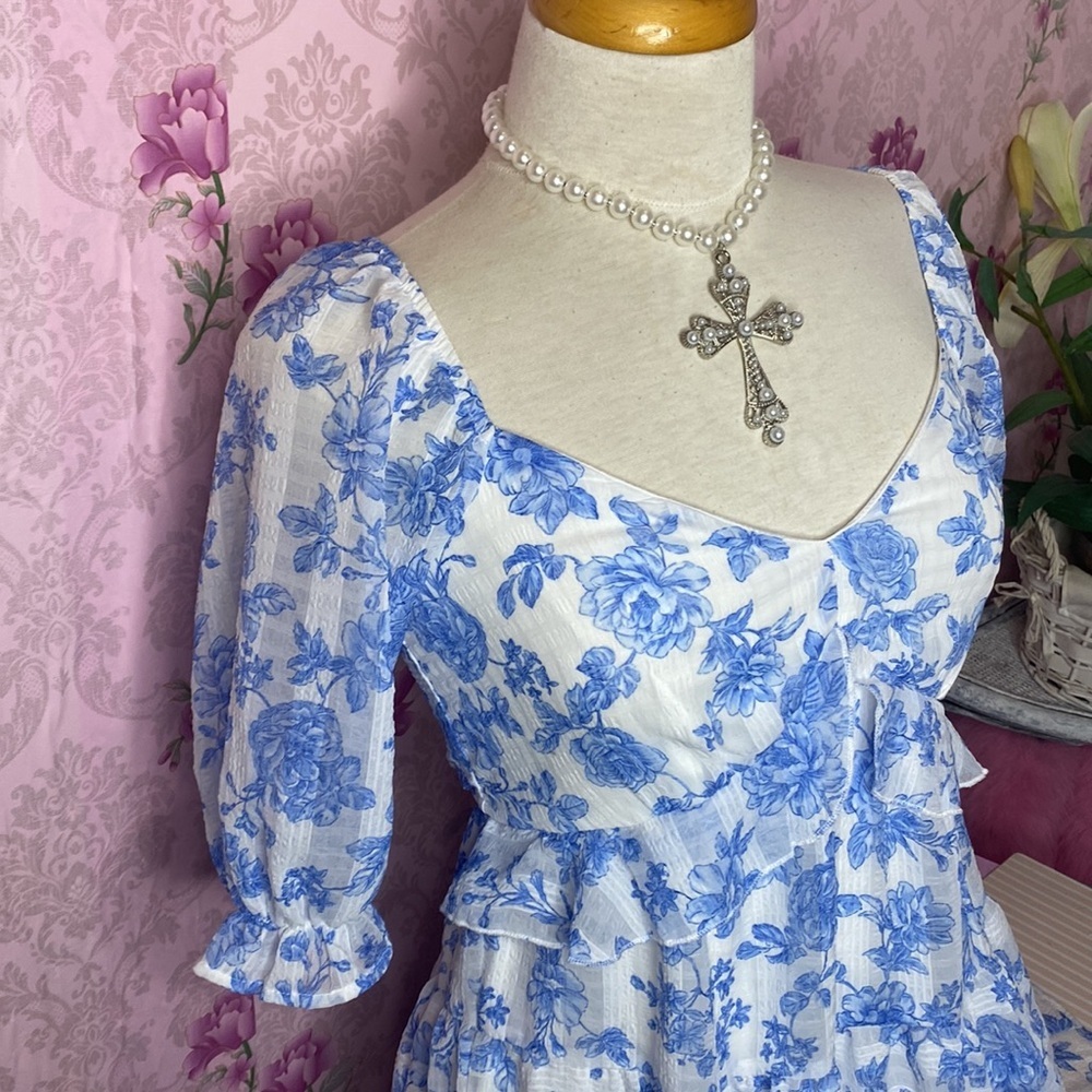 🌹 Trixxi 🌹 NWT Blue & White Floral Ruffle Babydoll Dress - Picture 5 of 16